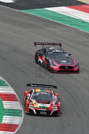 Photo for Scarperia, 23 March 2023: Audi R8 LMS GT3 EVO II of Team Juta Racing driven by Sokolovskiy-Gulbinas-Geciauskas-Gelinis in action during 12h Hankook Race at Mugello Circuit in Italy. - Royalty Free Image