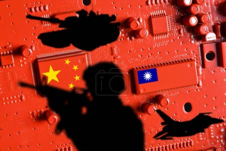 Flags of China and Taiwan on printed electronic board painted red with shadow of armed soldier, warplane and tank. World tensions for supremacy over the semiconductor industry and production.