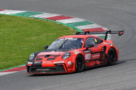 Photo for Scarperia, 23 March 2023: Porsche 911 GT3 Cup 992 of Team Red Ant Racing drive by Redant-Kobe de Breucker in action during 12h Hankook Race at Mugello Circuit in Italy. - Royalty Free Image