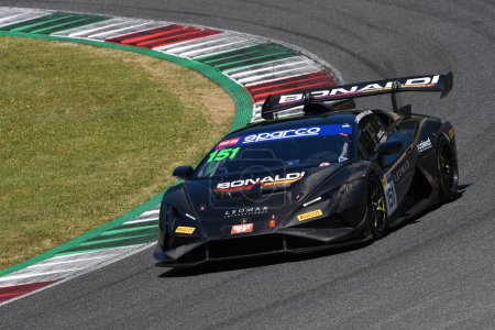 Photo for Scarperia, 7 July 2023: Lamborghini Huracan SuperTrofeo of Team BONALDI MOTORSPORT srl drive by Fischbaum Michael and Pavlovic Milos in action during practice of Italian Championship at Mugello Circuit. Italy. - Royalty Free Image