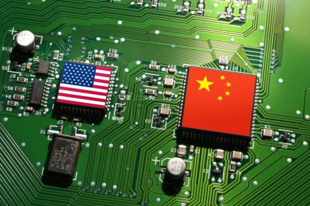 Photo for Flag of the Republic of China and the United States on microchips of a printed electronic board. Concept for world supremacy in microchip and semiconductor manufacturing. - Royalty Free Image