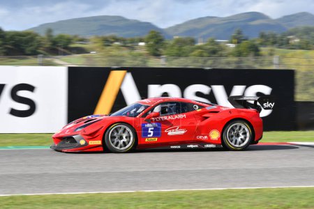 Photo for Scarperia - Italy, 28 October 2023: Ferrari 488 Challenge in action during Qualifyng Session of Ferrari Challenge World Finals 2023 at Mugello Circuit in Italy. - Royalty Free Image