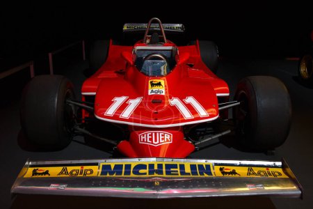 Foto de Scarperia, Mugello - 28 de octubre de 2023: Ferrari F1 312 T4 de Jody Scheckter en exhibición durante las Finales Mundiales Ferrari 2023 en el Circuito Mugello en Italia. - Imagen libre de derechos
