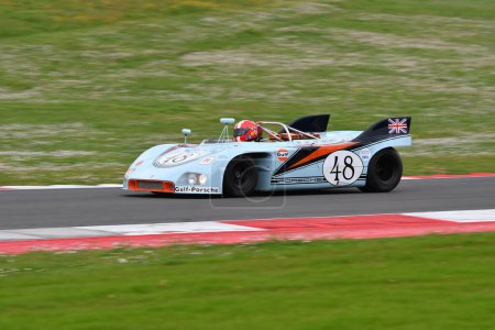 Photo for Scarperia, 2 April 2023: Porsche 908-03 of year 1969 in action during Mugello Classic 2023 at Mugello Circuit in Italy. - Royalty Free Image