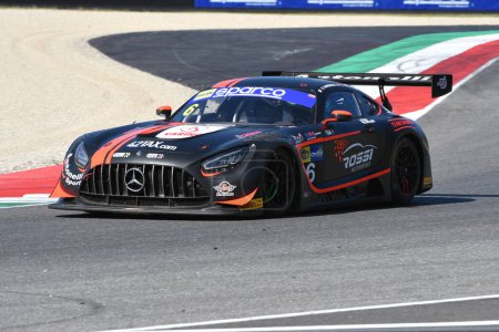 Photo for Scarperia, 29 September 2023: Mercedes Sls Amg of team Akm Motorsport drive by Sandrucci Gustavo and Kelstrup Georg in action during practice of Italian Championship at Mugello Circuit. Italy. - Royalty Free Image