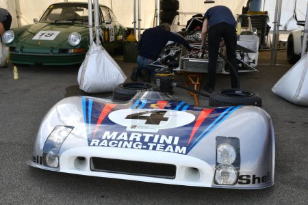 Photo for Scarperia, 2 April 2023: Detail of Porsche 908-03 of year 1971 in the paddock area during Mugello Classic 2023 at Mugello Circuit in Italy. - Royalty Free Image