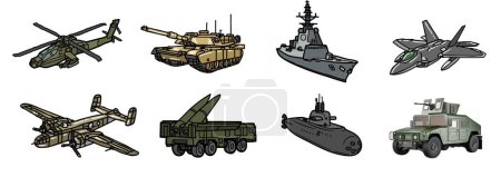 Photo for Military combat vehicles, transportation, and machine icon set. Artwork depicts army armored vehicle, tank, missile truck, bomber, attack helicopter, jet fighter, warship, and submarine. - Royalty Free Image