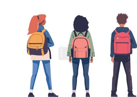 Illustration for People with backpacks, tote bags, rucksacks from behind, back view. Men, women with knapsacks, purses set. Tourists and citizens backside. Flat graphic vector illustration isolated on white background - Royalty Free Image