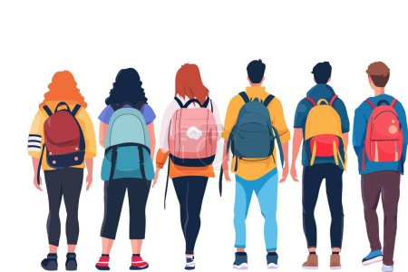 Illustration for People with backpacks, tote bags, rucksacks from behind, back view. Men, women with knapsacks, purses set. Tourists and citizens backside. Flat graphic vector illustration isolated on white background - Royalty Free Image