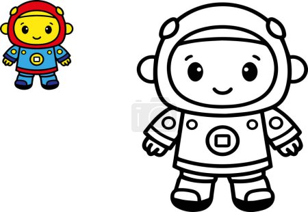 Cute cartoon Astronaut. Black and white vector illustration with colorful sample. for coloring book