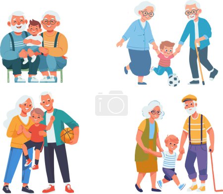 Eine liebenswerte Illustration, die die zeitlose Verbundenheit zwischen Großeltern und ihren Enkeln zeigt, die sich mit Liebe und Freude Aktivitäten widmen, die Generationen umfassen.