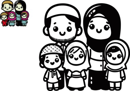 Ilustración de Esta encantadora colección de ilustraciones celebra la vida familiar musulmana, representando escenas alegres y armoniosas de padres e hijos juntos, representadas en un estilo lúdico y entrañable en blanco y negro. - Imagen libre de derechos