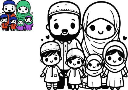 This charming collection of illustrations celebrates Muslim family life, depicting joyous and harmonious scenes of parents and children together, rendered in a playful and endearing black and white style.