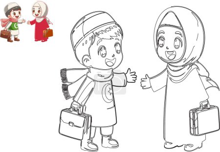 Ilustración de Esta encantadora serie de imágenes retrata la calidez y el afecto de las familias musulmanas en un estilo de arte caprichoso, capturando la esencia del parentesco y la alegría de los lazos familiares.. - Imagen libre de derechos