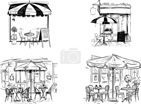 Künstlerische Skizzen, die wunderschön verschiedene gemütliche und einladende Café-Terrassen darstellen, perfekt für einen gemütlichen Nachmittag