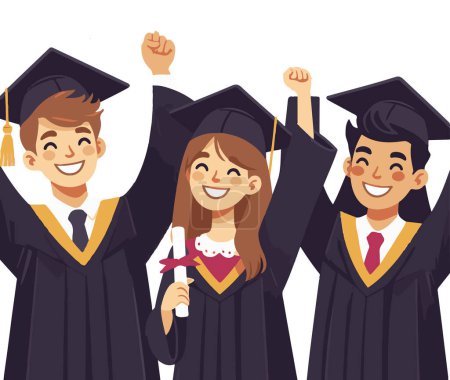Eine Illustration, die den überschwänglichen Moment des Abschlusses einfängt und eine Gruppe glücklicher Absolventen zeigt, die ihren akademischen Erfolg feiern.
