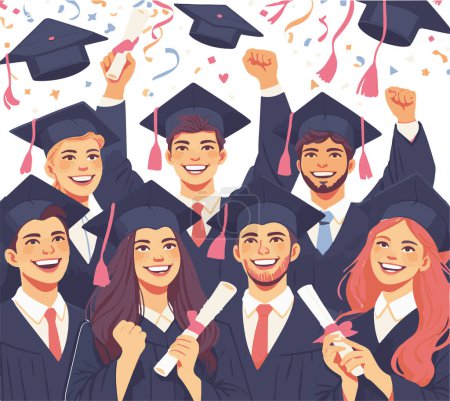 Ilustración de Una ilustración que captura el exuberante momento de la graduación, mostrando a un grupo de graduados felices celebrando su éxito académico. - Imagen libre de derechos