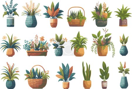 Ilustración de Una colección curada de exuberantes plantas de interior presentadas en una variedad de macetas artísticamente diseñadas, que encarnan un tranquilo oasis en el hogar. - Imagen libre de derechos