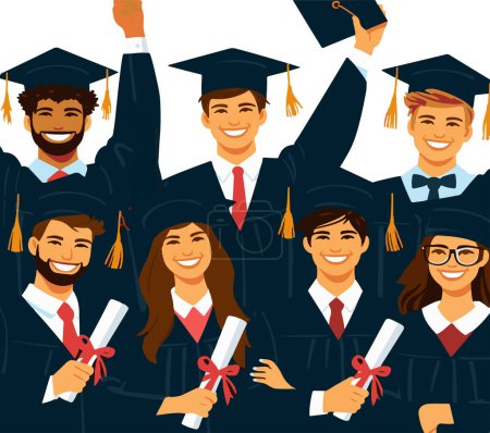 Eine Illustration, die den überschwänglichen Moment des Abschlusses einfängt und eine Gruppe glücklicher Absolventen zeigt, die ihren akademischen Erfolg feiern.
