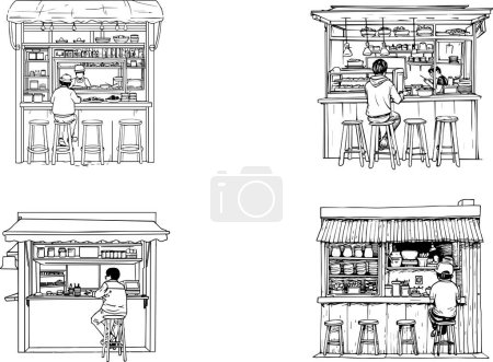Eine Reihe von detaillierten Skizzen, die verschiedene Blickwinkel eines handwerklichen Cafés darstellen und die Essenz einer gemütlichen und kreativen Atmosphäre einfangen.