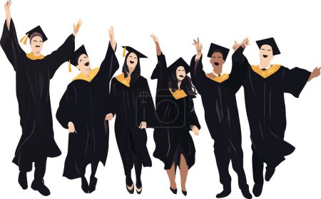 Ilustración de El título captura el momento triunfante de la graduación, con exuberantes graduados lanzando sus gorras al aire, celebrando su éxito académico. - Imagen libre de derechos