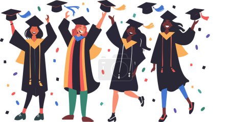 El título captura el momento triunfante de la graduación, con exuberantes graduados lanzando sus gorras al aire, celebrando su éxito académico.