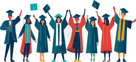 Téléchargez les illustrations : Le titre capture le moment triomphant de la remise des diplômes, avec des diplômés exubérants jetant leurs casquettes dans les airs, célébrant leur succès scolaire. - en licence libre de droit