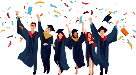 El título captura el momento triunfante de la graduación, con exuberantes graduados lanzando sus gorras al aire, celebrando su éxito académico.