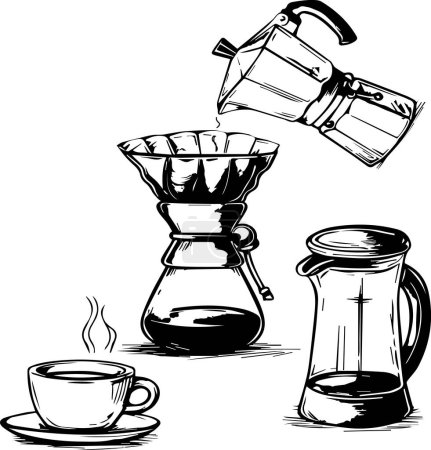 Este título refleja el atractivo atemporal de los métodos tradicionales de elaboración de café, ilustrados con equipos esenciales para hacer la taza perfecta de café..