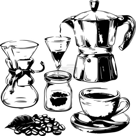 Este título refleja el atractivo atemporal de los métodos tradicionales de elaboración de café, ilustrados con equipos esenciales para hacer la taza perfecta de café..