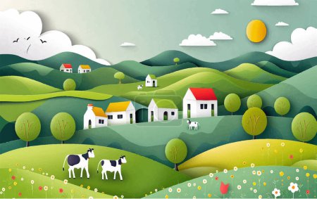 Este título refleja la representación caprichosa y artística de una escena rural, con vacas pastando y pintorescas granjas.