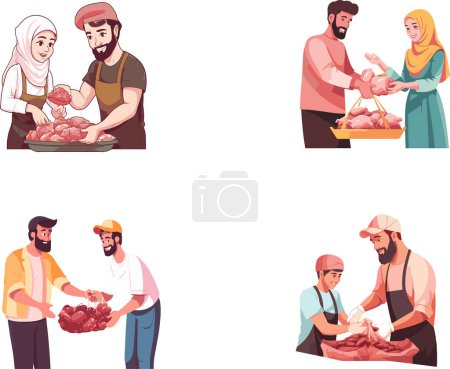 The illustration conveys the warmth of human connection through the act of sharing food, showing individuals engaged in preparing and distributing meat, highlighting themes of community, charity, and togetherness.