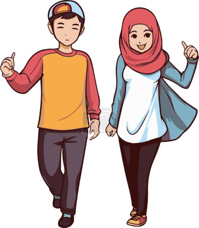 Cette illustration représente un couple musulman moderne, combinant vêtements islamiques traditionnels avec une touche contemporaine, reflétant la fusion de la culture et de la modernité.