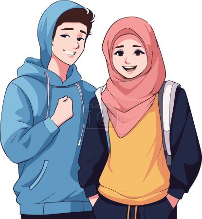 Diese Abbildung zeigt ein modernes muslimisches Paar, das traditionelle islamische Kleidung mit einem zeitgenössischen Twist kombiniert, was die Verschmelzung von Kultur und Modernität widerspiegelt..