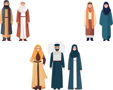 Dieses Bild zeigt eine Vielzahl muslimischer Charaktere in traditioneller Kleidung und unterstreicht den kulturellen Reichtum und die Vielfalt innerhalb der islamischen Mode..