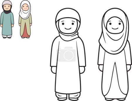 The image depicts an animated Muslim couple in traditional attire, highlighting cultural dress in a friendly and approachable illustration.