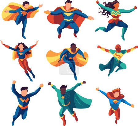 Diese energische Illustration fängt eine Vielzahl von Superhelden während des Fluges ein, sportliche dynamische Posen und farbenfrohe Kostüme, die Stärke und Tapferkeit verkörpern..