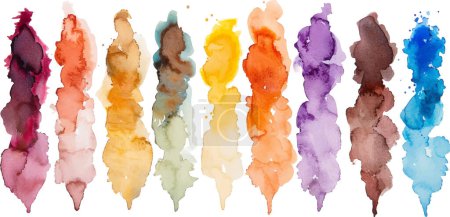 Dieses Bild zeigt eine Sammlung lebendiger Aquarell-Farbspritzer, die eine reiche Farbpalette bieten, die ideal ist, um jedem kreativen Projekt eine künstlerische Note zu verleihen.