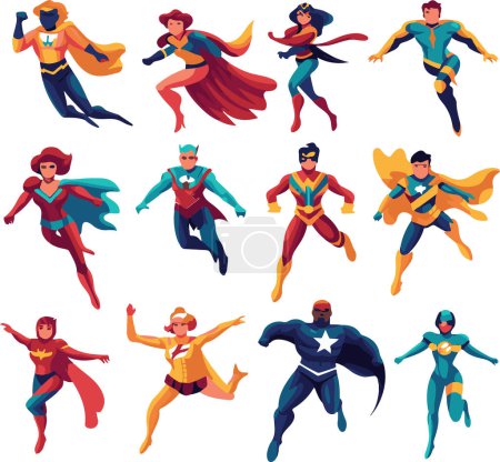 Illustration for This energetic illustration captures a variety of superheroes mid-flight, sporting dynamic poses and colorful costumes, embodying strength and bravery. - Royalty Free Image