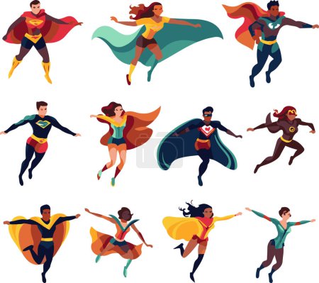 Ilustración de Esta enérgica ilustración captura una variedad de superhéroes en pleno vuelo, poses dinámicas deportivas y trajes coloridos, que incorporan fuerza y valentía.. - Imagen libre de derechos