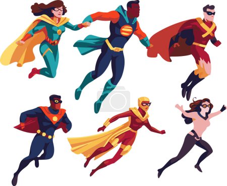 Diese energische Illustration fängt eine Vielzahl von Superhelden während des Fluges ein, sportliche dynamische Posen und farbenfrohe Kostüme, die Stärke und Tapferkeit verkörpern..