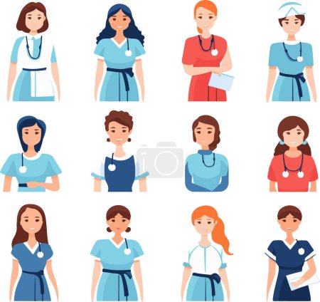Ilustración de Esta imagen muestra una amplia gama de trabajadoras de la salud, cada una con atuendo profesional, que representan el rostro compasivo de la industria médica.. - Imagen libre de derechos