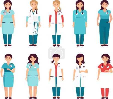 Dieses Bild zeigt eine breite Palette weiblicher Gesundheitshelferinnen, jede in professioneller Kleidung, die das mitfühlende Gesicht der medizinischen Industrie repräsentieren..