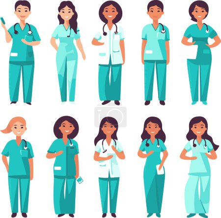 Esta imagen muestra una amplia gama de trabajadoras de la salud, cada una con atuendo profesional, que representan el rostro compasivo de la industria médica..