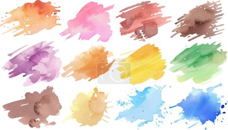 Dieses Bild zeigt eine Sammlung lebendiger Aquarell-Farbspritzer, die eine reiche Farbpalette bieten, die ideal ist, um jedem kreativen Projekt eine künstlerische Note zu verleihen.