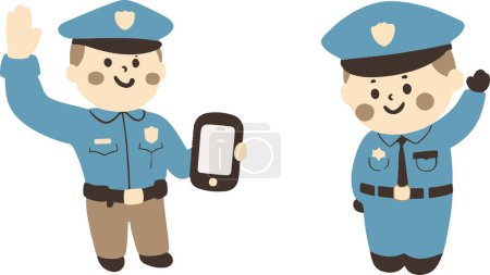 Policía moderna, policías de estilo de dibujos animados en uniforme que integran la tecnología en sus funciones