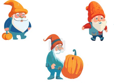 Whimsical Harvest, Autumn Themed Illustrations of Gnomes with Pumpkins and Leaves in Wheelbarrows
