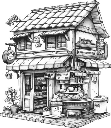 Encantadora tienda vintage, boceto detallado en blanco y negro de una tienda de estilo arquitectónico asiático