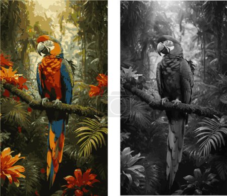 Contrasting Beauty, Vibrant and Monochromatic Portrayal of a Parrot Amidst Diverse Foliage in a Lush Forest Setting