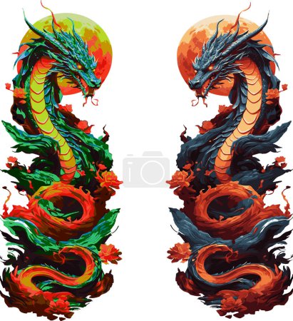 Majestätische Serpentinen, aufwändig gestaltete Drachen inmitten wirbelnder Flammen und Farben, die eine mythische Aura ausstrahlen